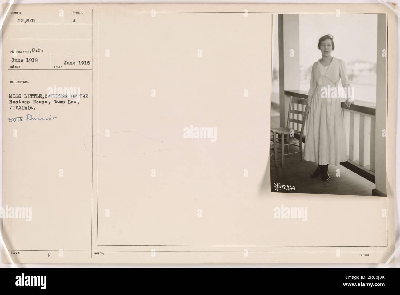 A photograph taken in June 1918 at Camp Lee, Virginia. The image shows Miss Little, who is a cateress at the Hostess House. The photograph is labeled as 111-SC-12840 and was taken by an S.C. photographer. Stock Photo
