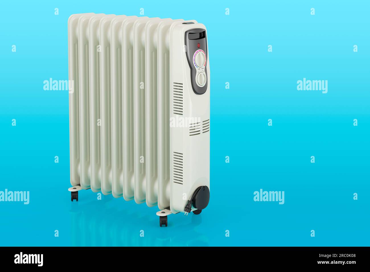 Electric oil heater on blue backdrop, 3D rendering Stock Photo