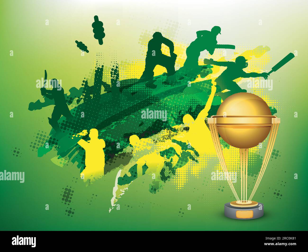 Green Cricket Sports background with illustration of players and golden