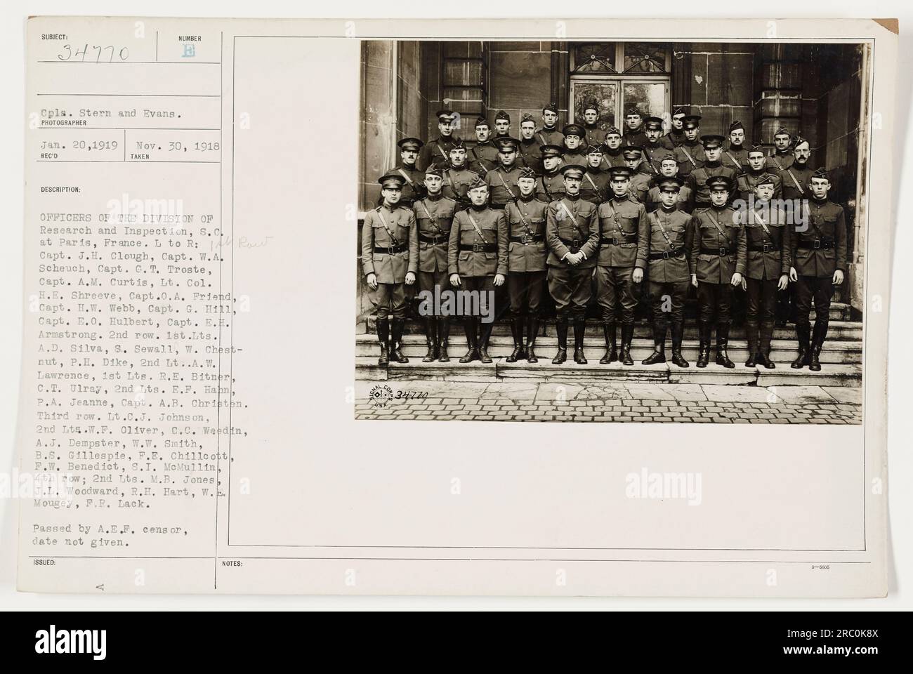 'Photograph depicting officers of the Division of Research and Inspection, S.C. at Paris, France during World War One. The officers are arranged in multiple rows, with their names listed. The photograph was taken on November 30, 1918. Passed by A.E.F. censor, date not given.' Stock Photo
