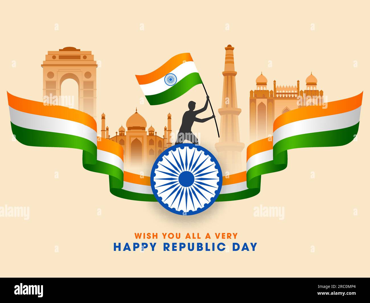 India Famous Monuments With Silhouette Man Holding Indian Flag, Ashoka Wheel And Tricolor Wavy Ribbon For Republic Day Concept. Stock Vector