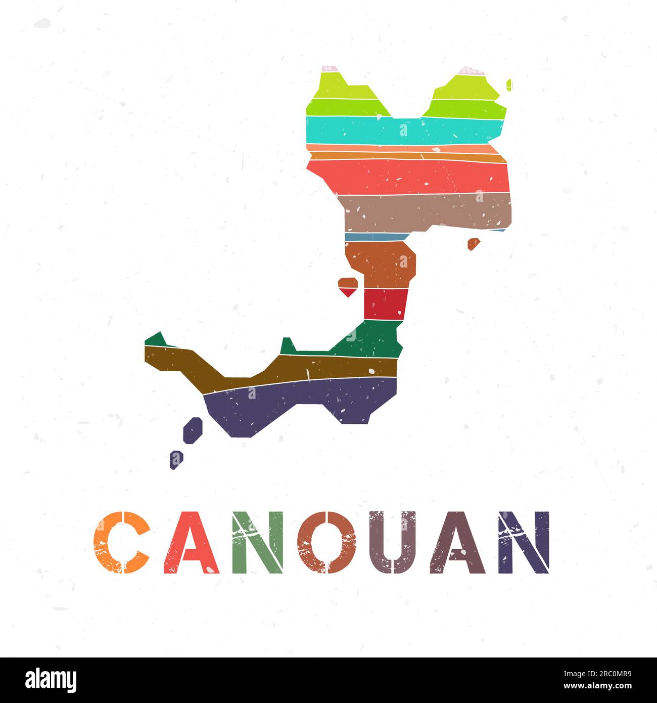 Canouan map design. Shape of the island with beautiful geometric waves and grunge texture. Appealing vector illustration. Stock Vector