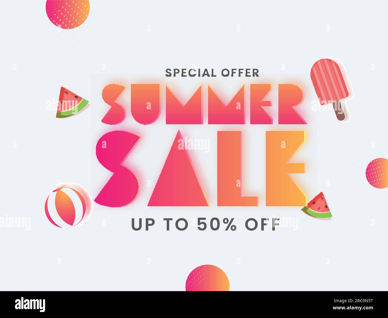 UP TO 50% Off For Summer Sale Poster Design Decorated With Watermelon Slice, Beach Ball And Ice Cream. Stock Vector