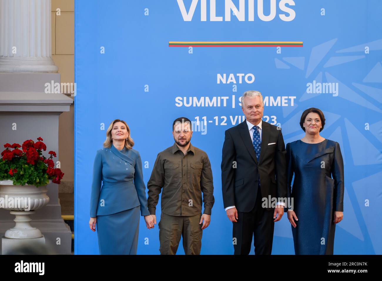 VILNIUS, Lithuania. 11th July, 2023. Volodymyr Zelensky, President of Ukraine and Olena Zelenska, First lady of Ukraine arrives for Social Dinner, hosted by Lithuanian President, during NATO SUMMIT 2023. Credit: Gints Ivuskans/Alamy Live News Stock Photo