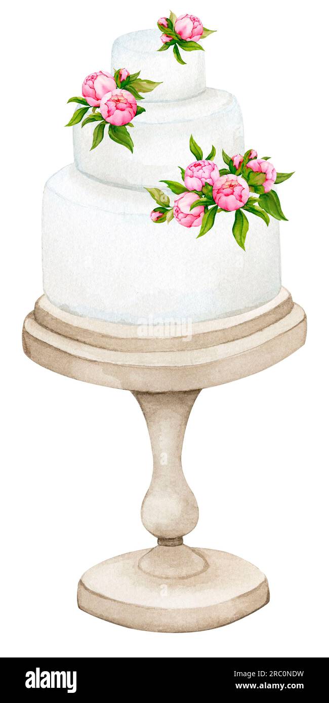 Wedding cake on a stand decorated with peony flowers. Watercolor ...
