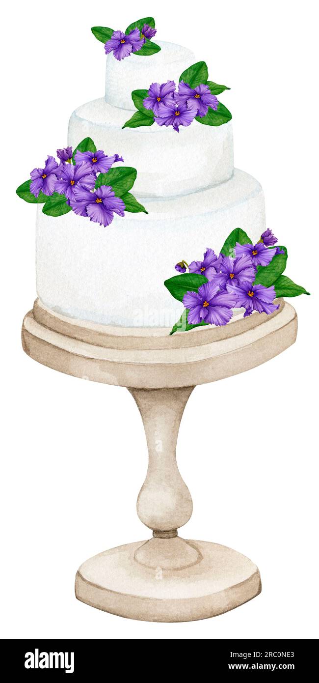 Wedding cake on a stand decorated with violet flowers. Watercolor ...