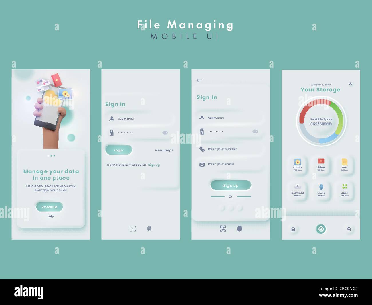File Managing Or Data Manage Mobile UI Kits On Pastel Cyan Background ...