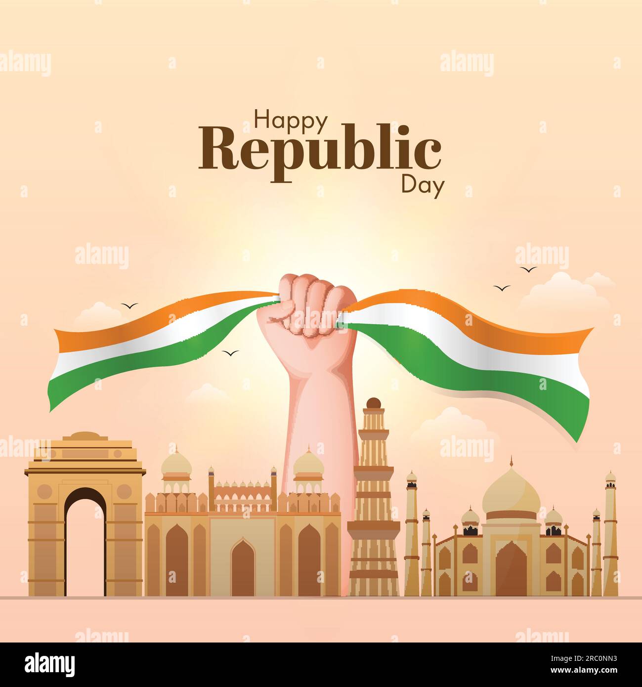 Happy Republic Day Concept With Hand Holding Tricolor Ribbon And India Famous Monuments On Peach Background. Stock Vector