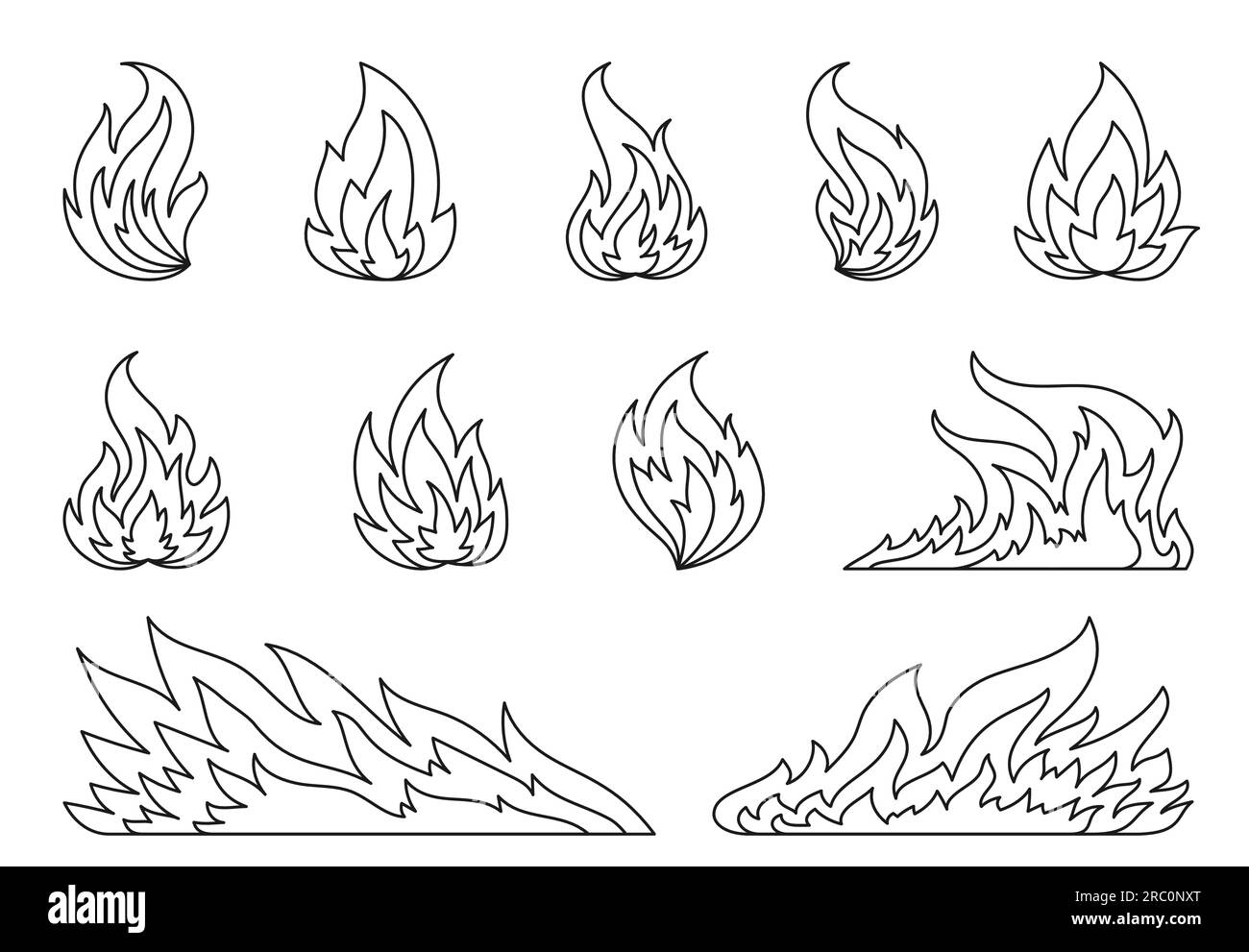 Hot temperature comic dangerous flame fires line icon. Cartoon fire contour flames. Campfire fiery outline set. Burning blazing wildfire, bonfires isolated on white background. Coloring book page Stock Vector