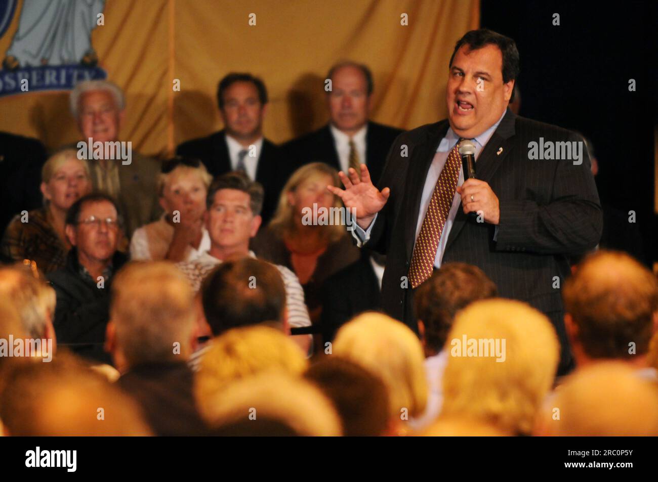 Gov. Chris Christie speaks at a town hall meeting at Haddonfield Middle School in Haddonfield, NJ. Stock Photo