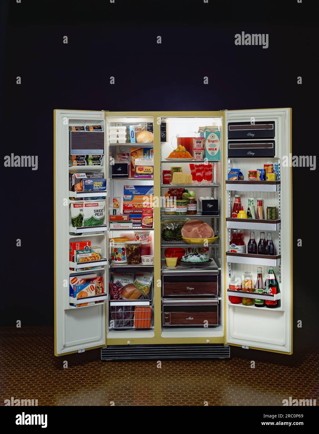 PHILCO refrigerator, retro 1970s. doors open stpcked with assorted