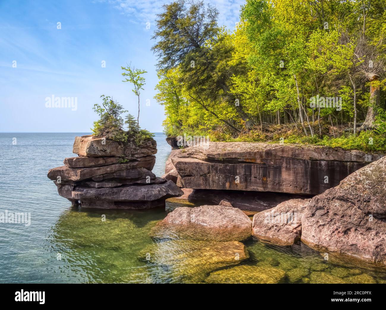 Rocky coastline of Lake Superior in Big Bay State Park in La Pointe on Madeline Island in the Apostle Islands National Lakeshore in Wisconsin USA Stock Photo