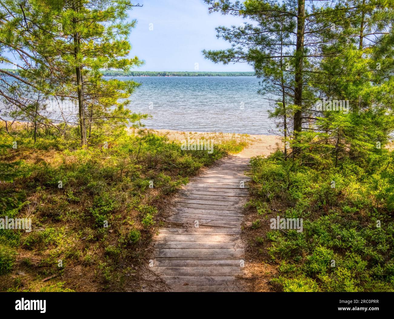 Boardwalk to the beach in Big Bay State Park on Lake Superior on ...