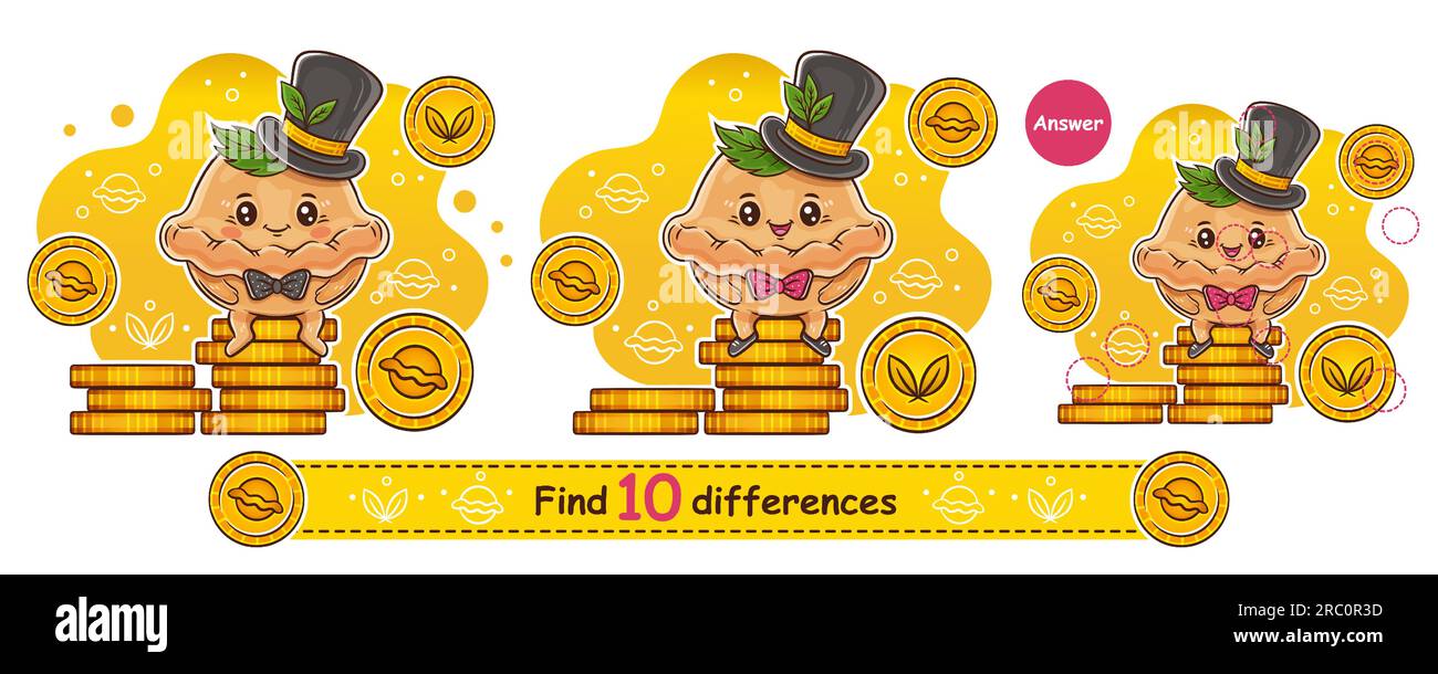 Find 10 differences education children game. Cute rich dumpling businessman, bun gentleman character sit on gold coin. Kid learning logic task. Vector Stock Vector
