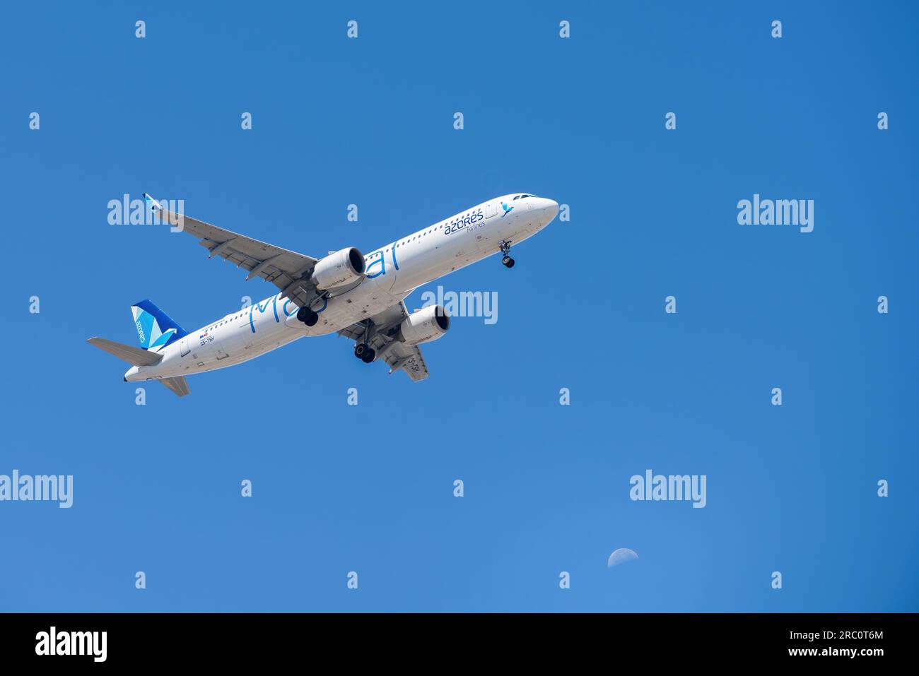 Lisbon, Portugal - July 12, 2023: Portuguese air company Air Azores with aircraft Airbus A321-253NX approaching to land at Lisbon International Stock Photo
