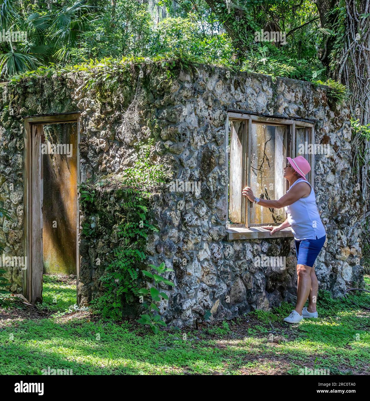 One of 1st roadside attractions in the state from 1940 as the 'Blossom Center of Florida' This is the original stone ticket gate being explored by a Stock Photo