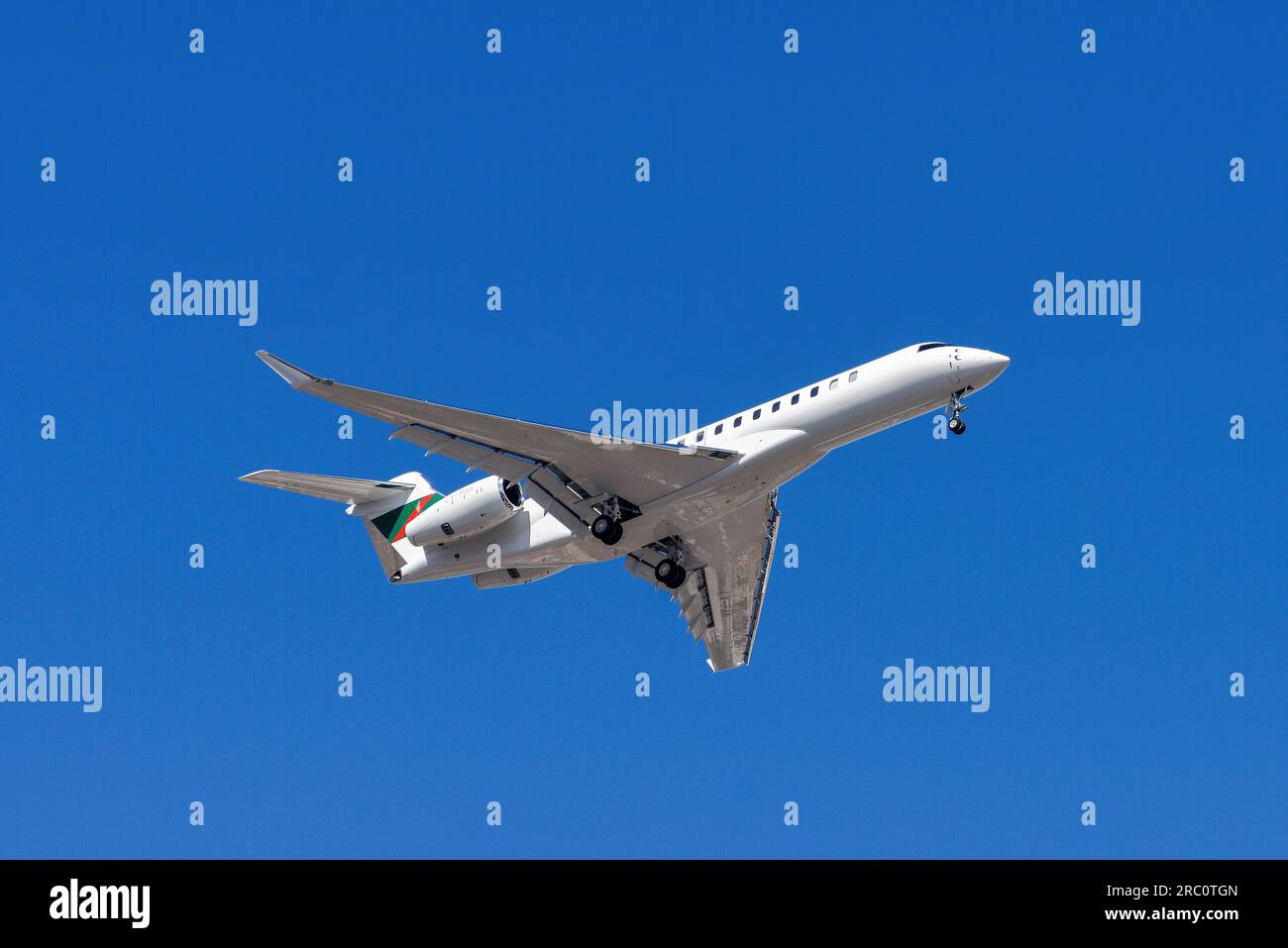 Lisbon, Portugal - July 12, 2023: Global Jet Luxembourg with aircraft Bombadier Global 7500 approaching to land at Lisbon International Airport Stock Photo