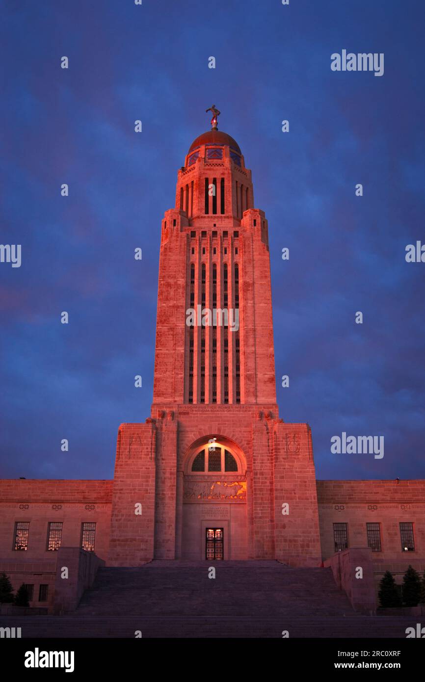 Nebraska State Capitol Building, morning twillight, Lincoln, Nebraska, USA. Stock Photo