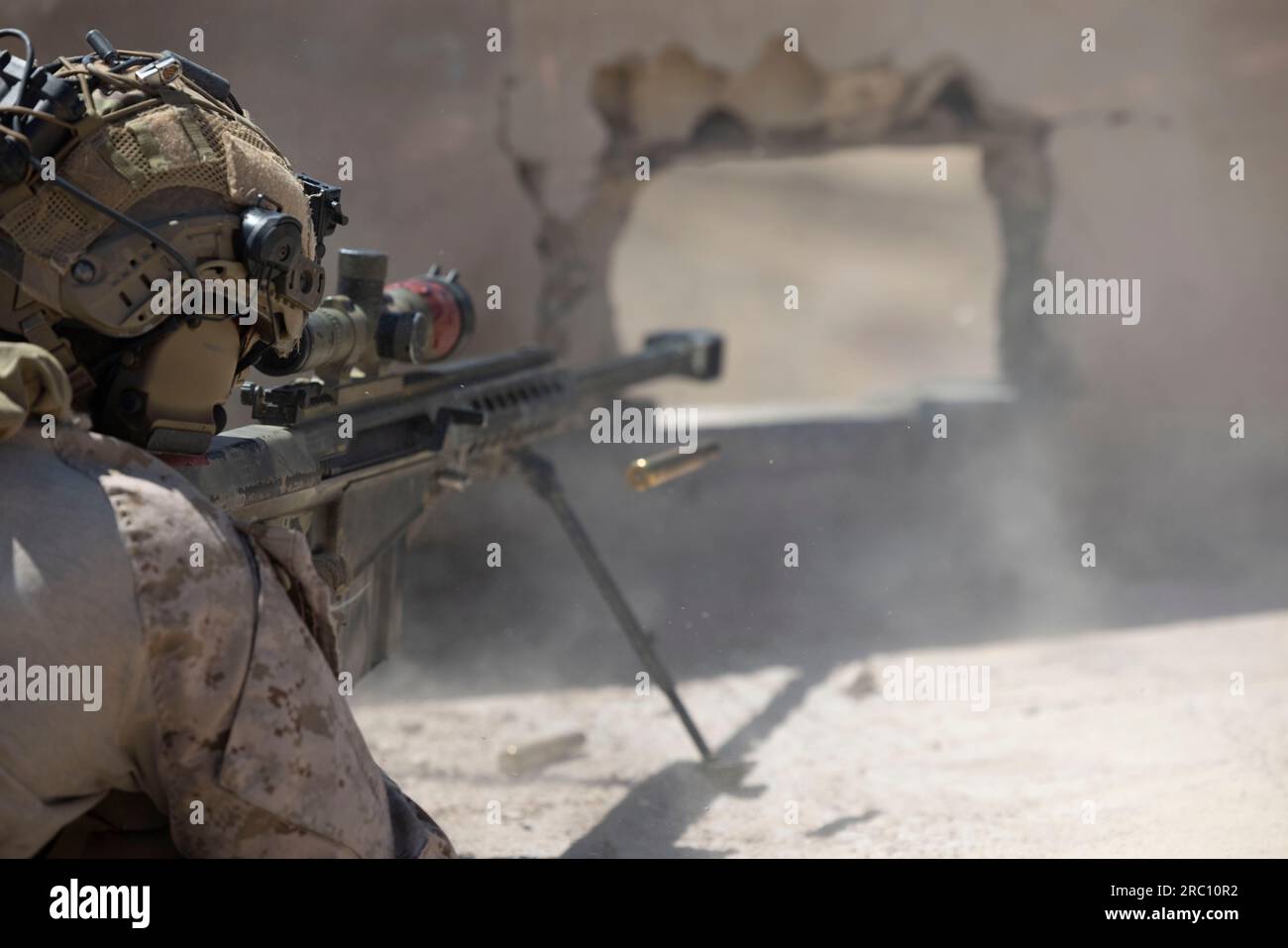U.S. Marine Corps Cpl. Spenser Nam, assistant team leader with Wraith 2 scout sniper team, 2nd Battalion, 5th Marines, 1st Marine Division, fires an M107 .50 Caliber Special Application Scoped Rifle during Intrepid Maven 23.4, July 10, 2023. Intrepid Maven is a bilateral exercise between U.S. Marine Corps Forces, Central Command and Jordanian Armed Forces designed to improve interoperability, strengthen partner-nation relationships in the U.S. Central Command area of responsibility, and improve both individual and bilateral unit readiness. (U.S. Marine Corps photo by Lance Cpl. John Allen) Stock Photo