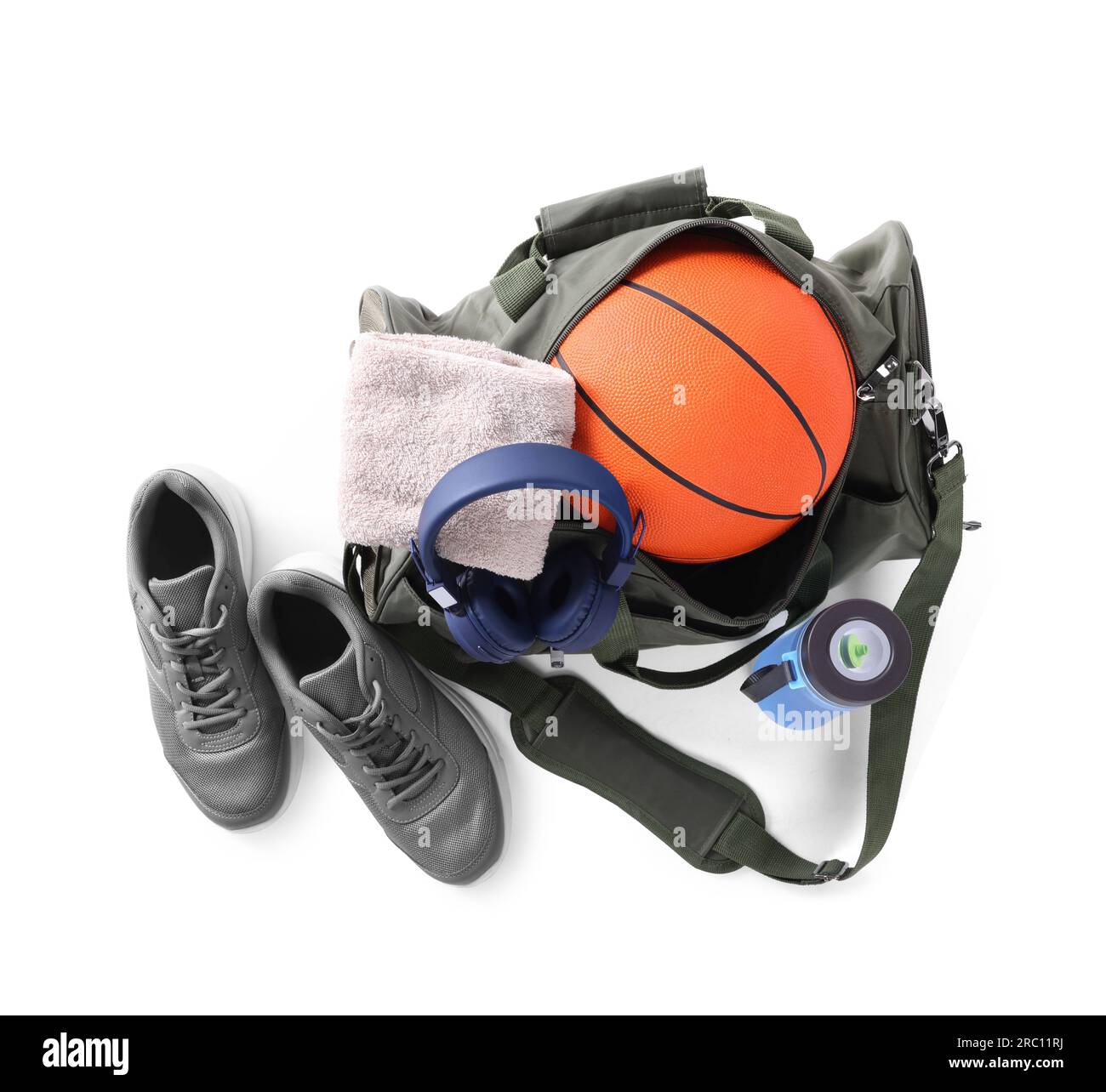 Gym bag and sports equipment on white background, top view Stock Photo ...