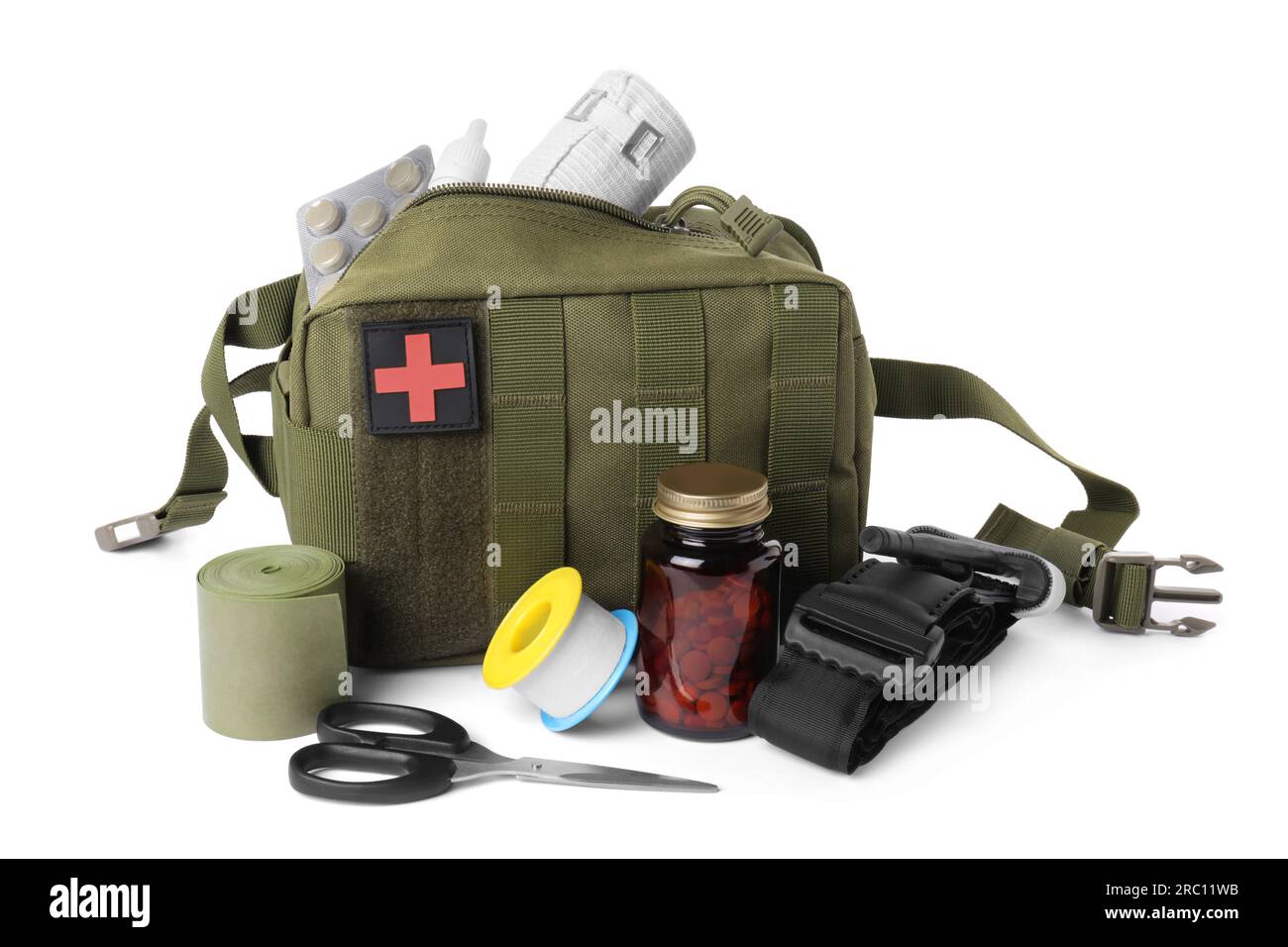 Military First Aid Kit, Tourniquet, Pills And Tools On White Background ...