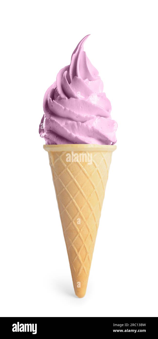 Delicious soft serve berry ice cream in crispy cone isolated on white ...