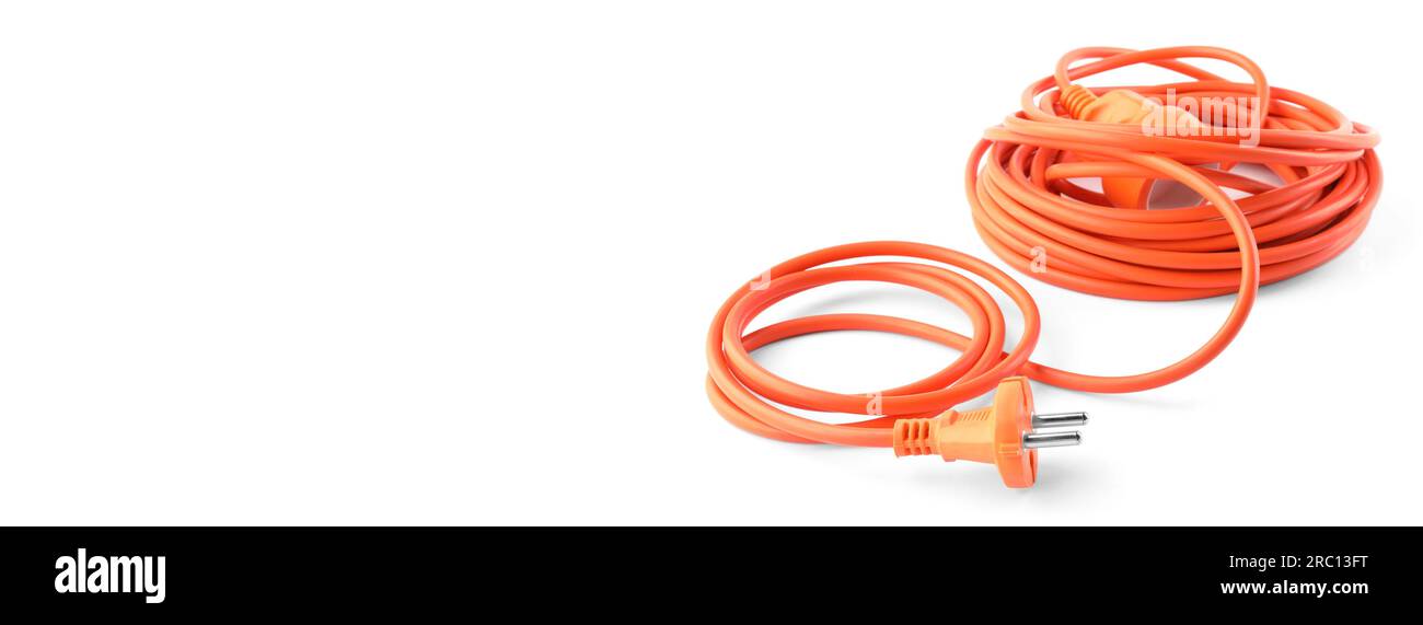 One extension cord on white background. Space for text Stock Photo