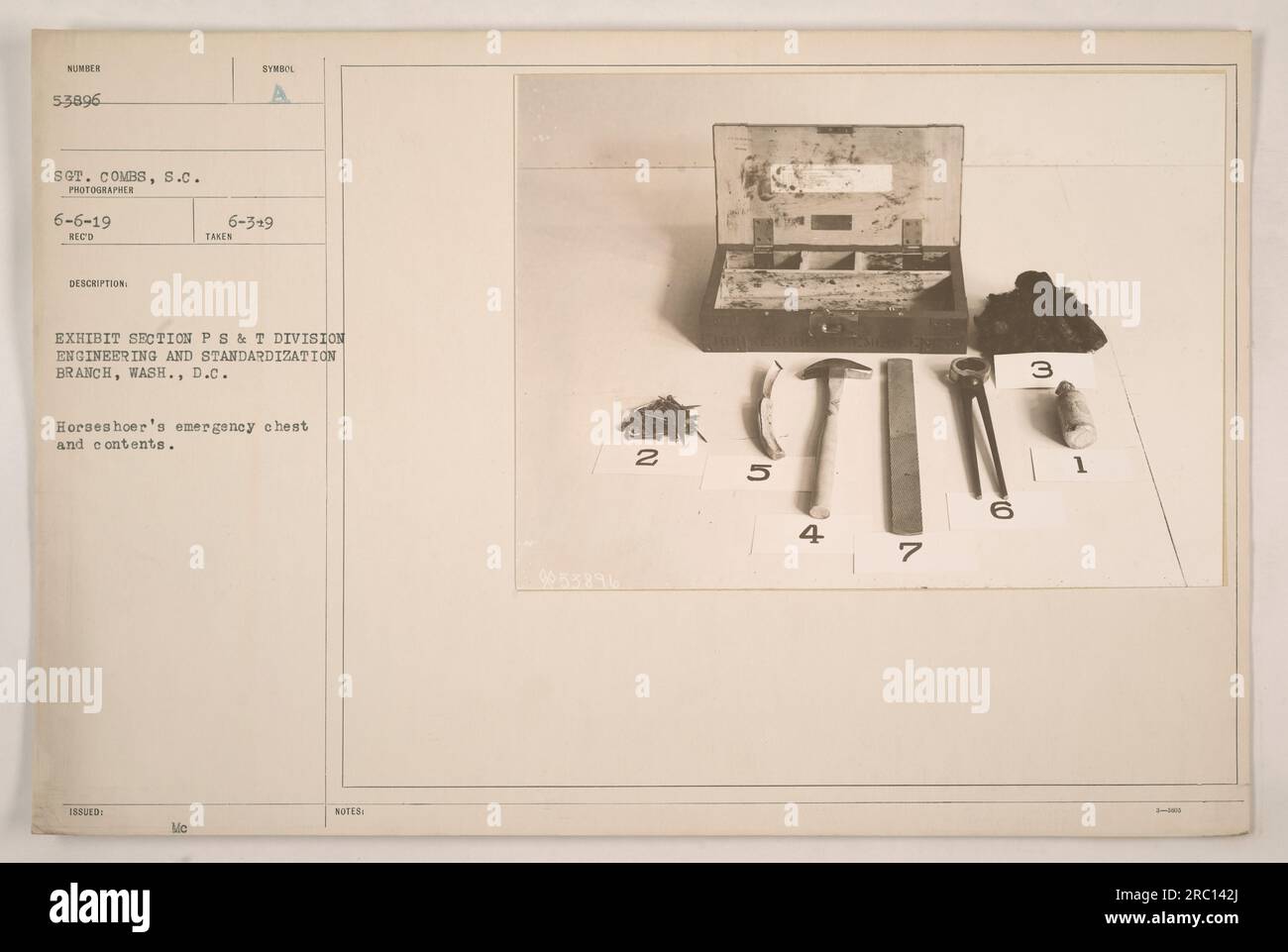 This photograph depicts a horseshoer's emergency chest and its contents ...