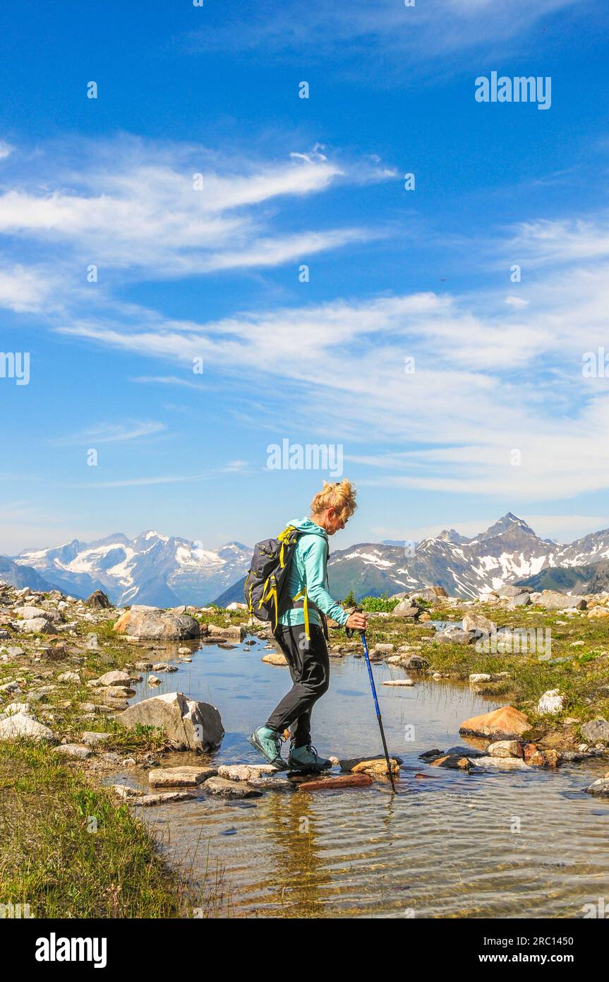 One happy 60+ woman outdoors walking hiking trekking across a stream with trekking poles and scenic background. Adventurous senior woman.  Side view. Stock Photo