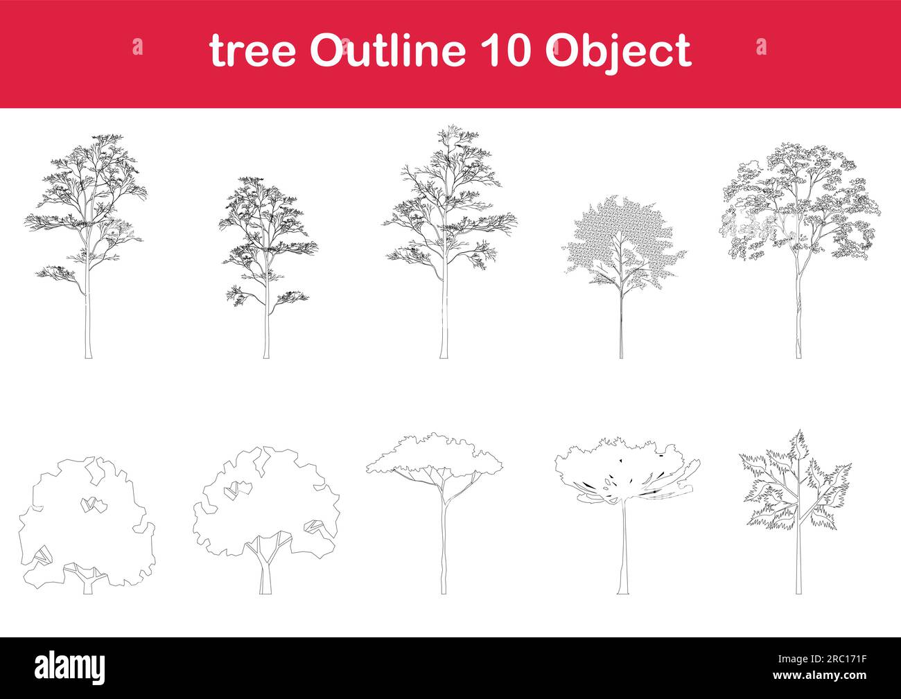 tree line drawing, Side view, graphics trees elements single object outline minimal plant symbol for architecture and landscape design. Vector. Stock Vector