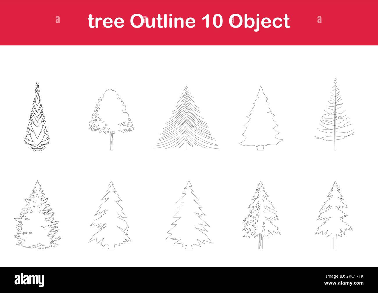 tree line drawing, Side view, graphics trees elements single object outline minimal plant symbol for architecture and landscape design. Vector. Stock Vector