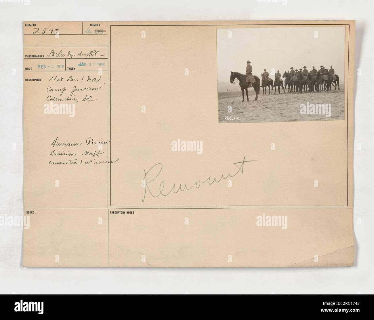 81st Division (NA) Camp Jackson, Columbia, SC. Division Staff (mounted) at a division review. Photograph taken by D. Lintz, SighC on January 30, 1918. The photo is numbered 2895 and was issued as part of the 81st Division materials. It was remounted for display purposes. Stock Photo