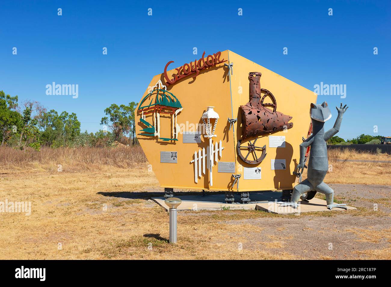Name sign for the small rural town of Croydon, Gulf Savannah; Queensland, QLD, Australia Stock Photo