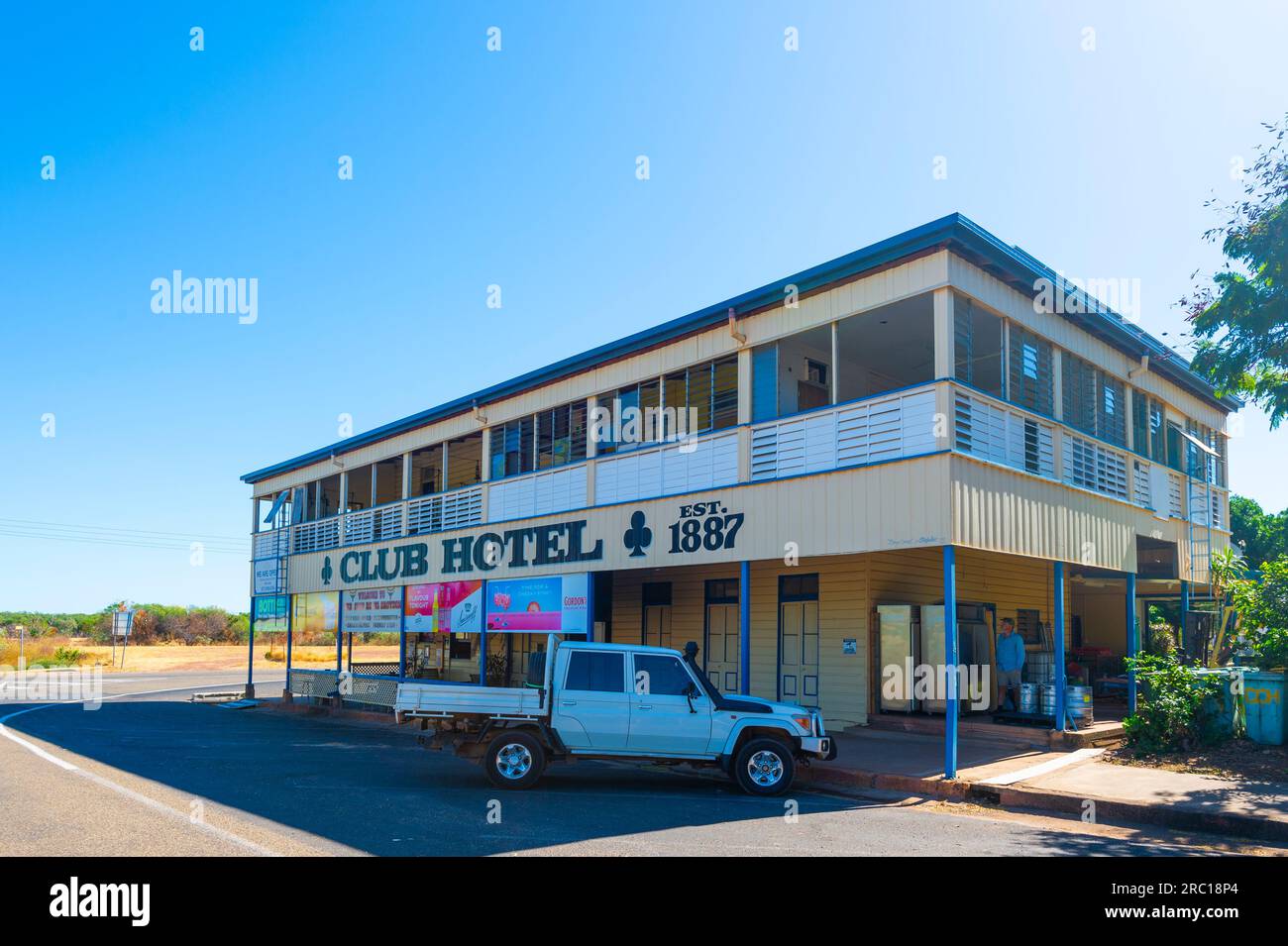 View of the exterior of the old Club Hotel, 1887, in the small rural town of Croydon, Gulf Savannah, Queensland, QLD, Australia Stock Photo