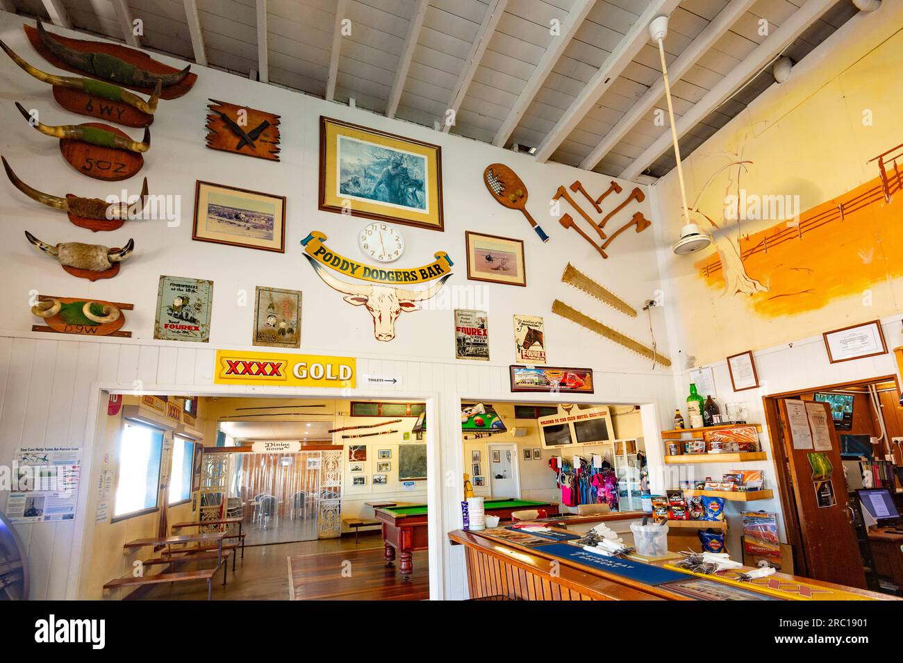 Interior of the old Club Hotel, 1887, in the small rural town of Croydon, Gulf Savannah, Queensland, QLD, Australia Stock Photo