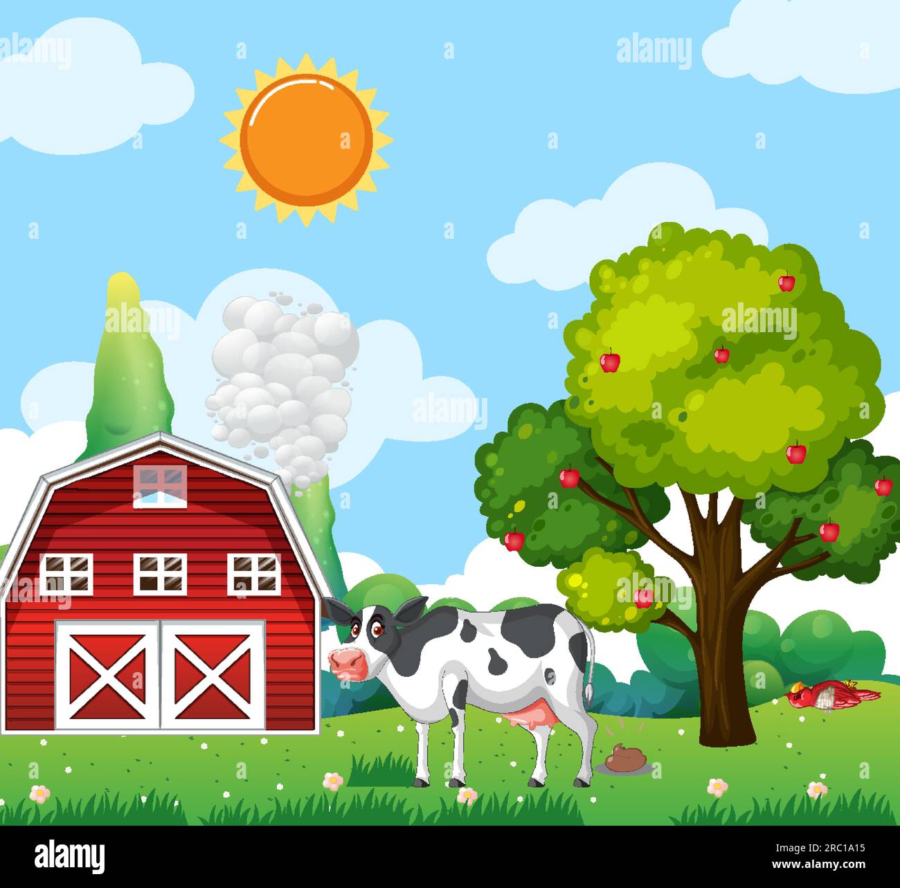Cow in Grass Field and Blue Sky Scene illustration Stock Vector Image ...