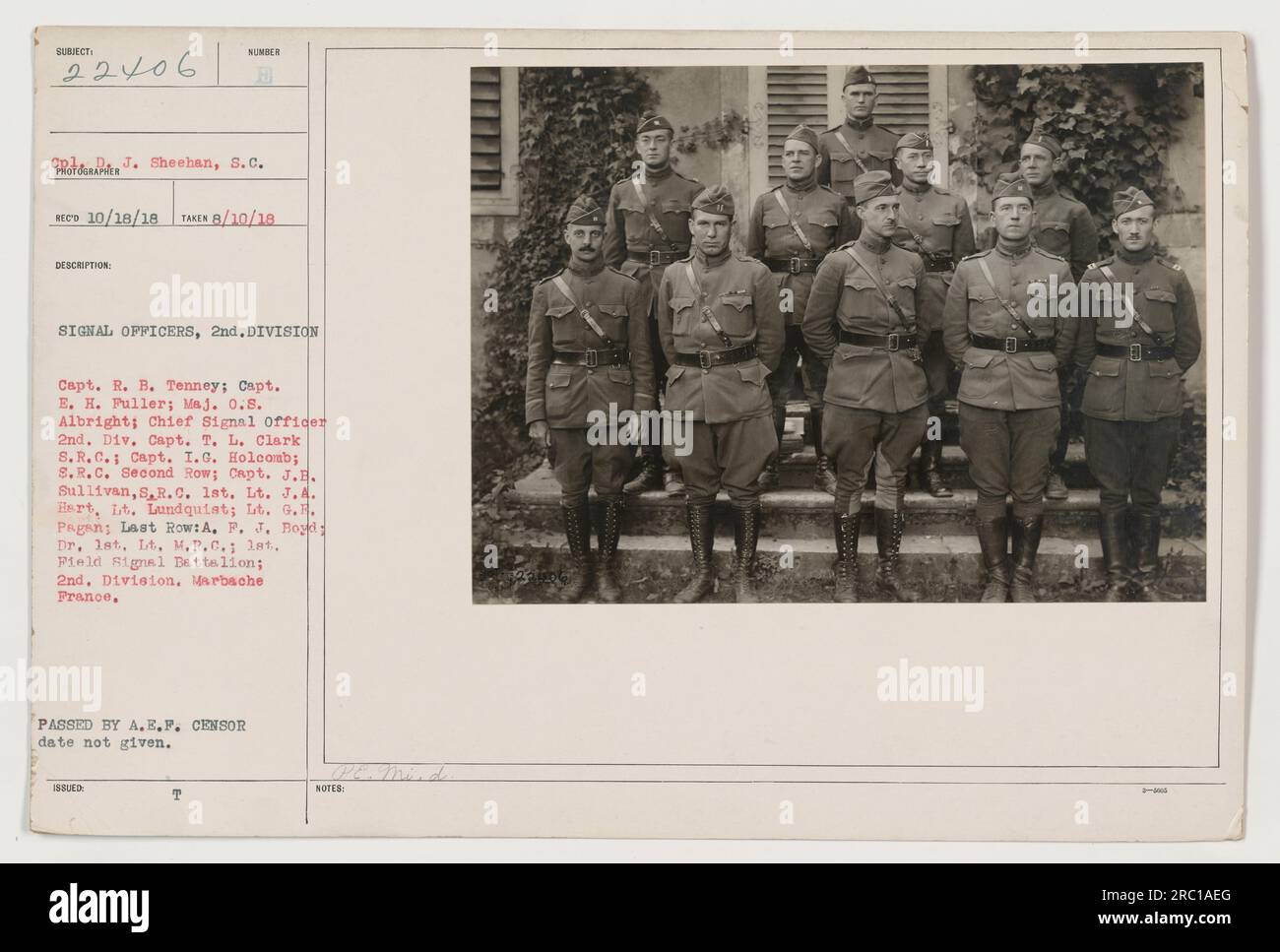 SIGNAL OFFICERS of the 2nd Division featured in this image include: Capt. R. B. Tenney, Capt. E. H. Puller, Maj. 0.8. Albright, Chief Signal officer 2nd. Div. Capt. T. L. Clark S.R.C., Capt. I.G. Holcomb. In the second row are Capt. J.E. Sullivan, S.R.C., 1st. Lt. J.A. Hart, Lt. Lundquist, and Lt. G. E. Pagan. The last row consists of A. P. J. Bogd Dr. lat. Lt. M.R.C. This photo was taken in Marbache, France during World War One. It was passed by A.E.F. censor, but the date of issuance is unspecified. Stock Photo