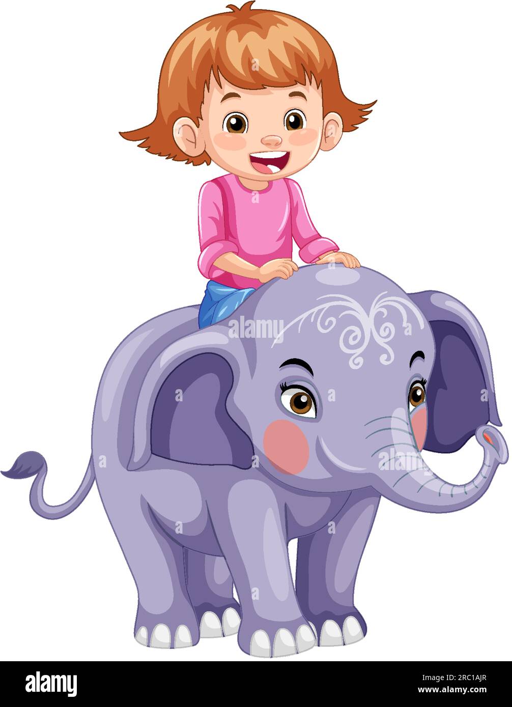Little Girl Riding Elephant in Cartoon Style illustration Stock Vector