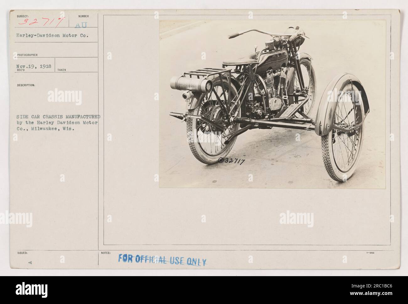 This photograph from Nov. 19, 1918 shows a side car chassis