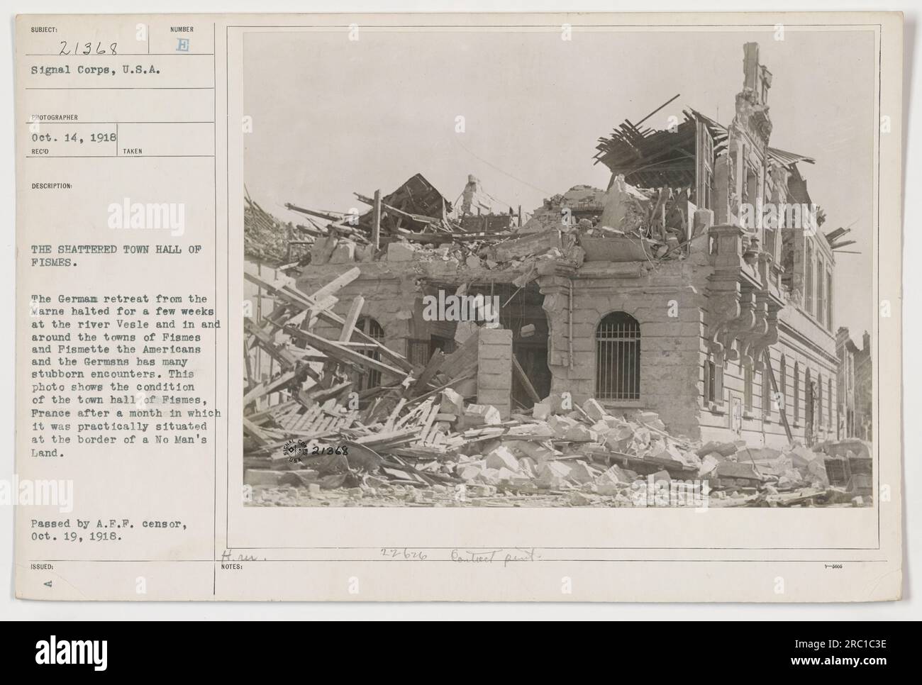The image depicts the ruined town hall of Fismes, France, during World War I. The German retreat from the Marne resulted in fierce battles in and around the town. The photo portrays the damaged condition of the town hall after being in close proximity to the No Man's Land for a month. Stock Photo