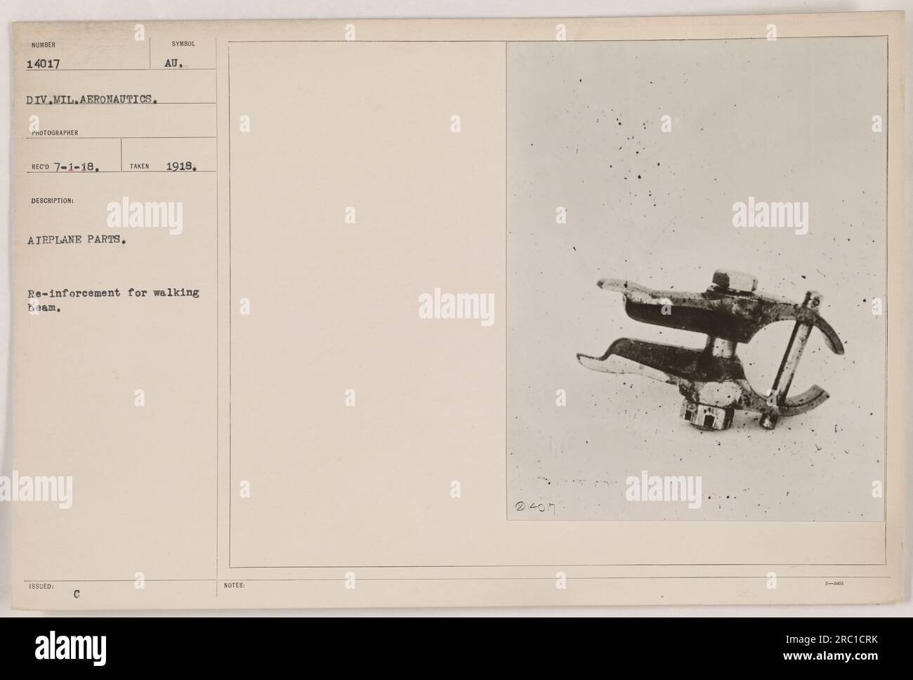 This image (111-SC-14017) captures military aeronautics during World War I. The photo shows airplane parts, including a beam with an AU symbol issued for reinforcement during walking. The image was received by the photographer on July 1, 1918, and is marked with the description 'takes 1918.' The note '2407' accompanies the image. Stock Photo