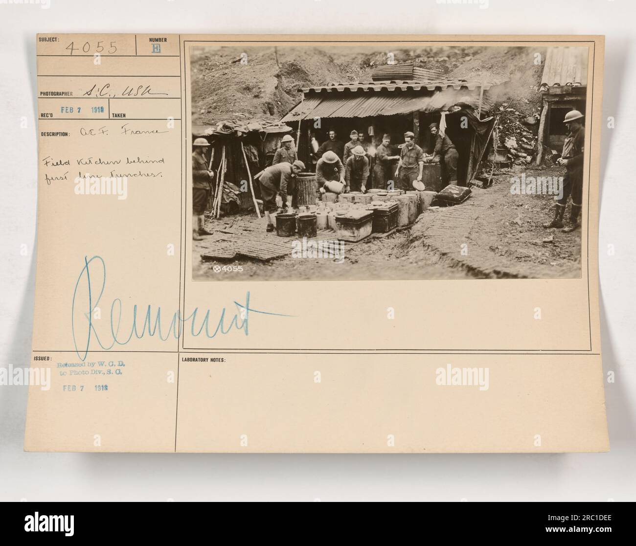 Field kitchen behind first line trenches during World War I. The image, numbered 111SC4055