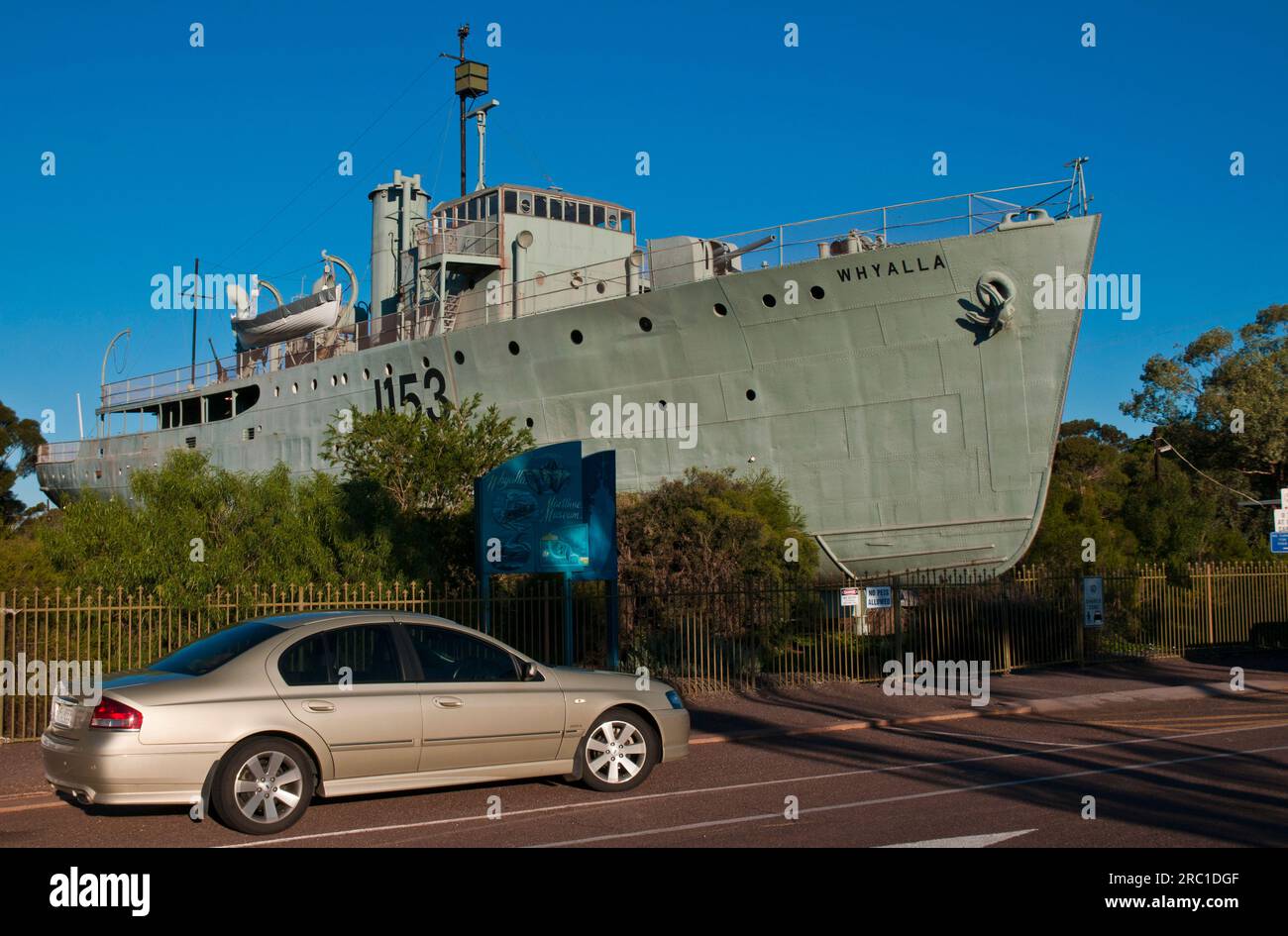The decommissioned naval vessel, the minesweeper, HMAS Whyalla, placed as a centrepiece of the Whyalla Maritime Museum in the city after which it was named, Whyalla, South Australia Stock Photo