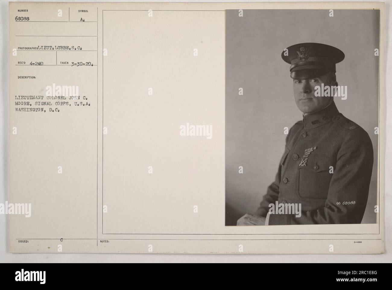 Lieutenant Colonel John C. Moore from the Signal Corps in Washington, D.C., is captured in this photograph taken on March 30, 1920. The photograph bears the description symbol issued as A₂. It is noted as photo number 68088. Stock Photo