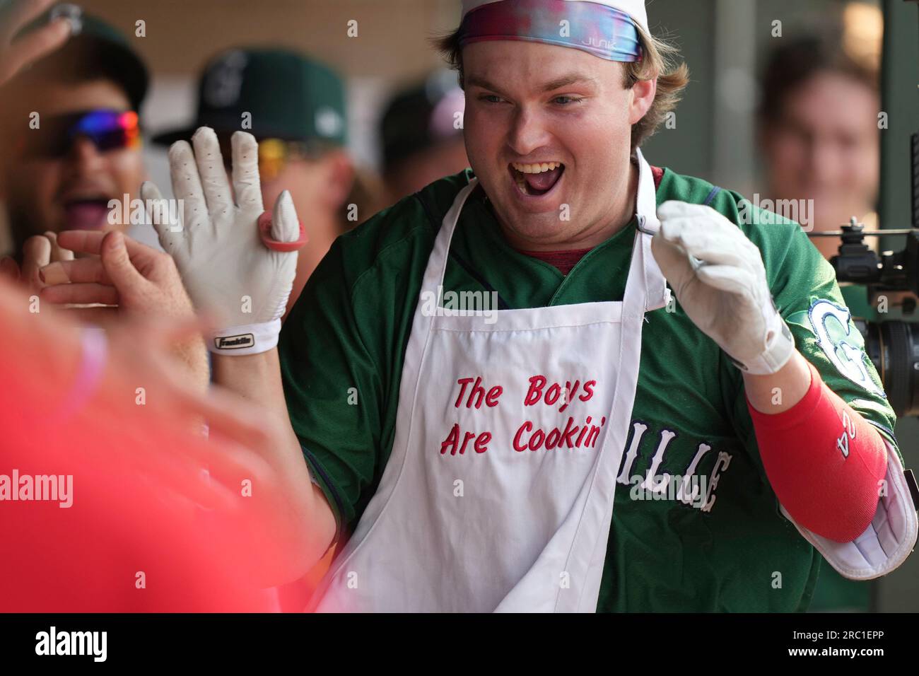 Blaze Jordan (24) of the Greenville Drive gets the "Boys are Cookin