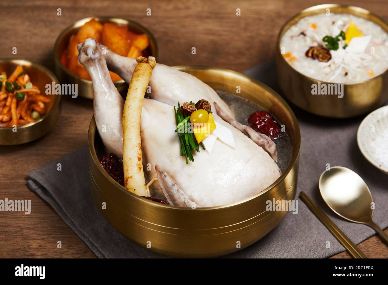 korean traditional food samgyetang and dakjuk, chicken soup with