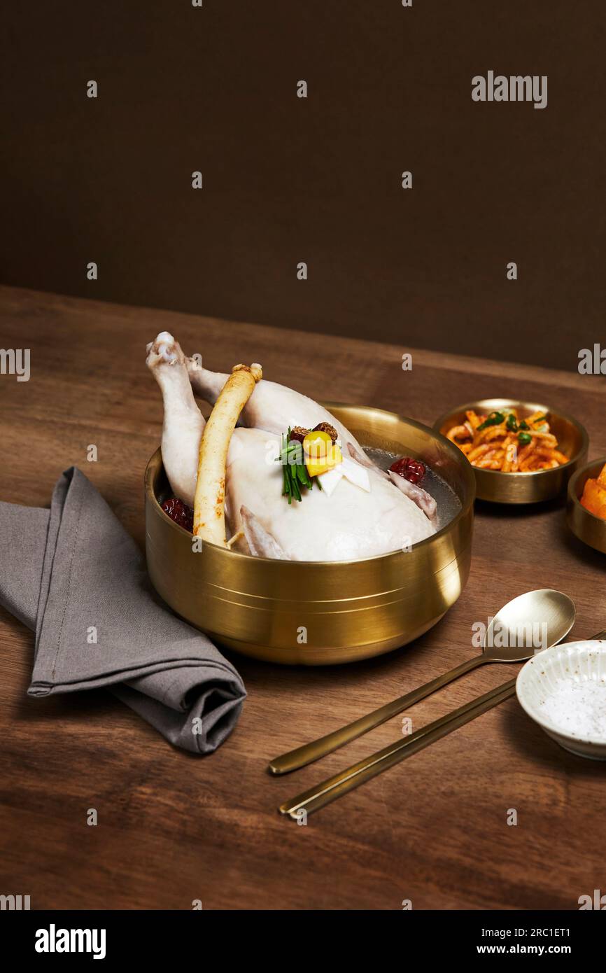 korean traditional food samgyetang, chicken soup with ginseng Stock