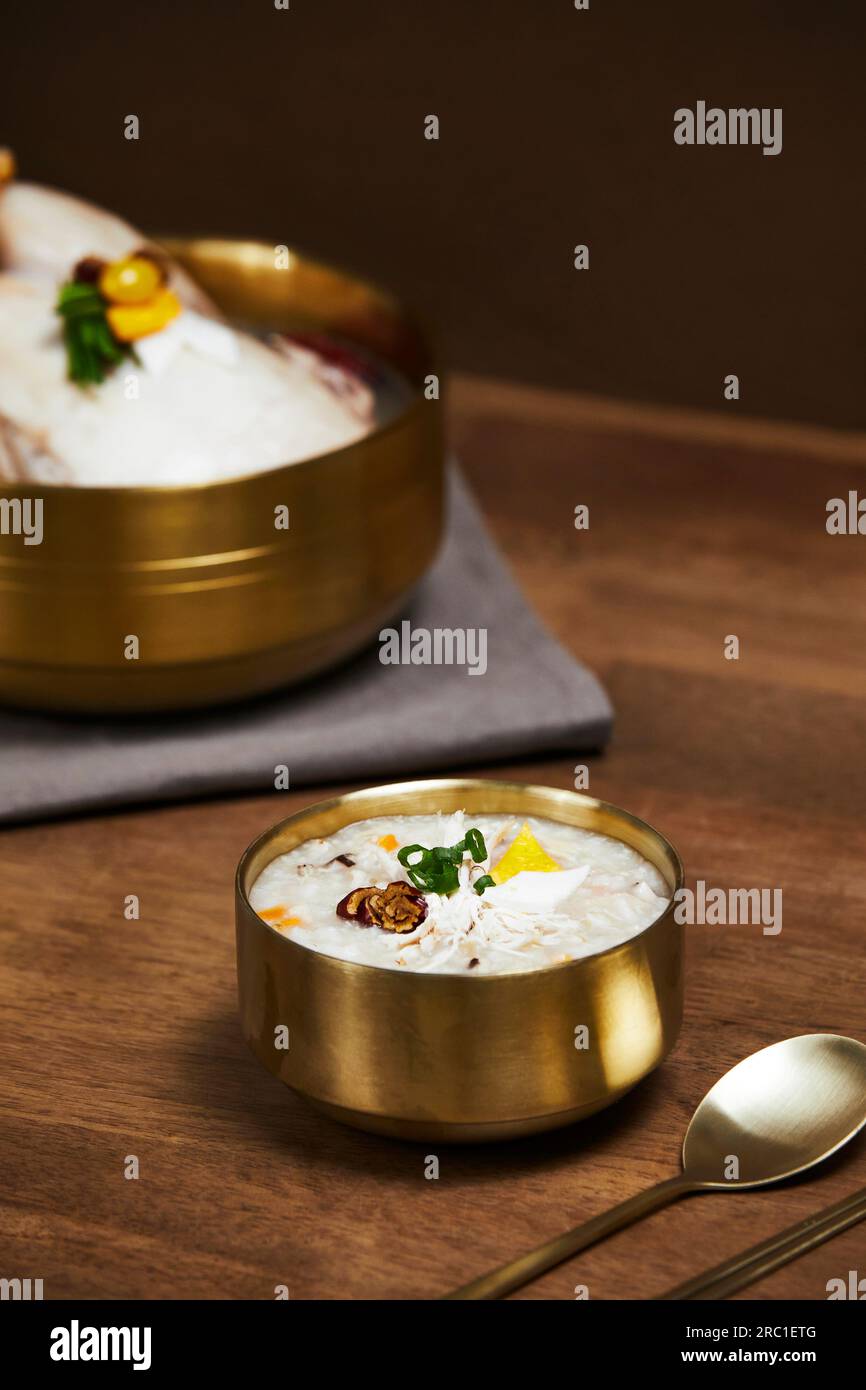 korean traditional food samgyetang and dakjuk, chicken soup with