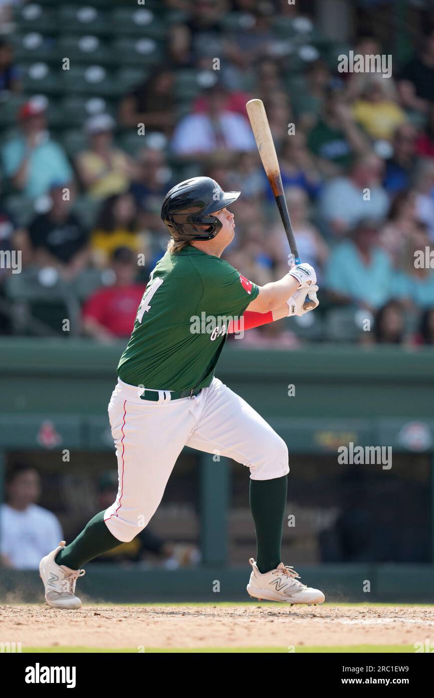Third baseman Blaze Jordan (24) of the Greenville Drive bats in a game