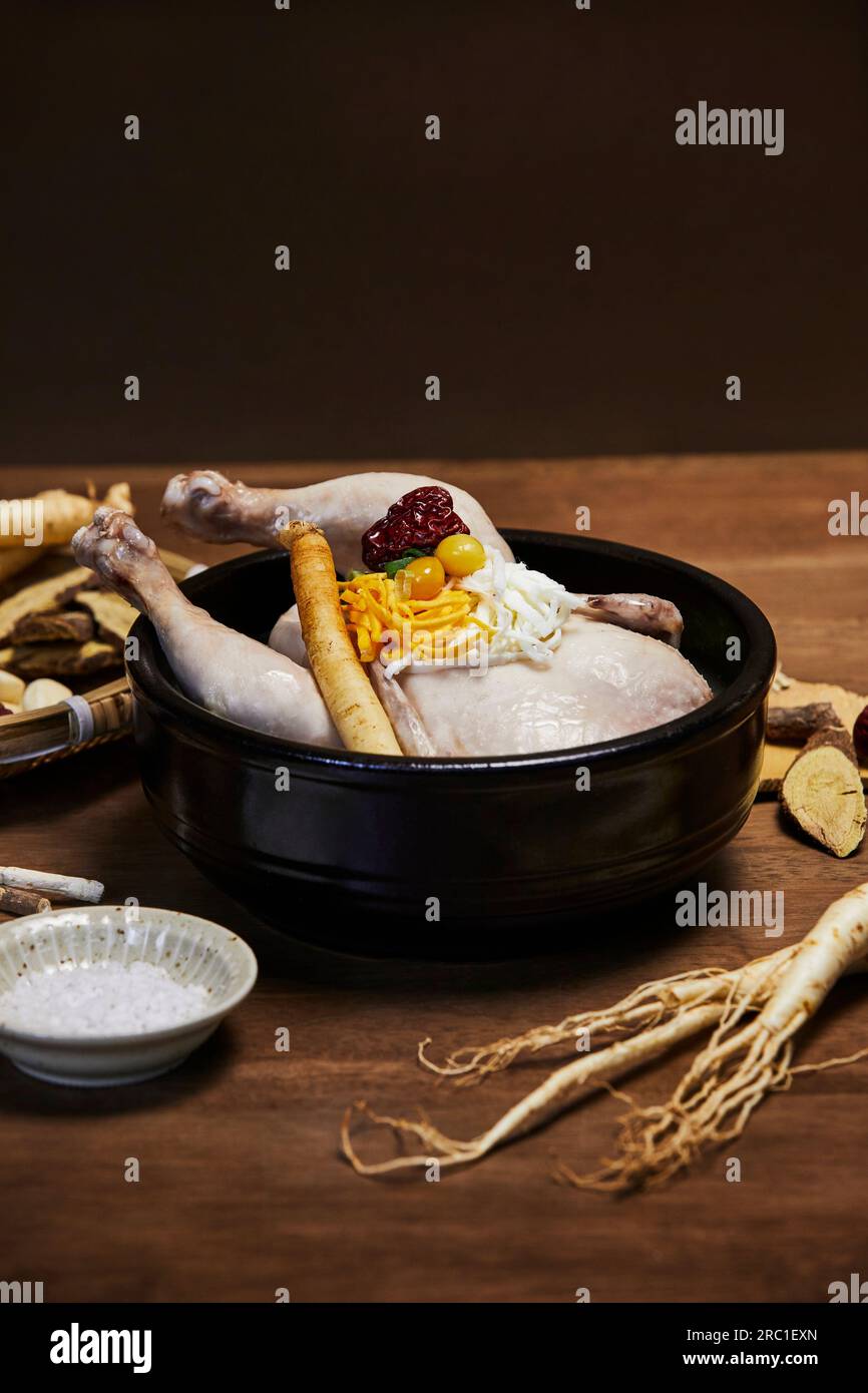 korean traditional food samgyetang, chicken soup with ginseng and herbs